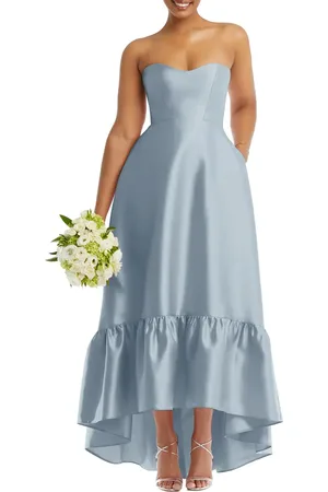 Alfred Sung Strapless Ruffle High-Low Satin Gown in at Nordstrom, Size 0