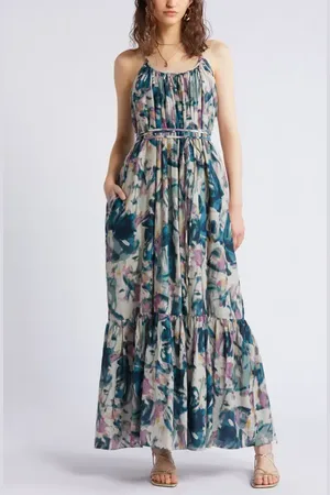 Nordstrom Cotton & Silk Tie Waist Tiered Sundress in Beige Purple Abstract at , Size Large