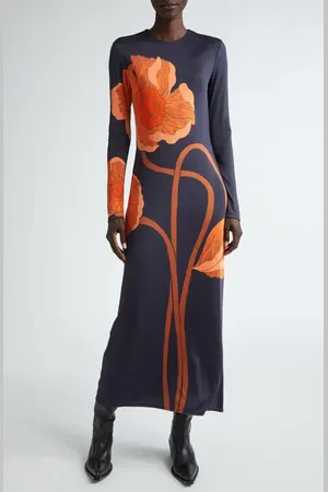 JOHANNA ORTIZ Colorful Allegory Long Sleeve Stretch Satin Midi Dress in at Nordstrom, Size 12