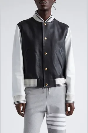Thom Browne Mixed Media Leather & Wool Bomber Jacket in at Nordstrom, Size 2