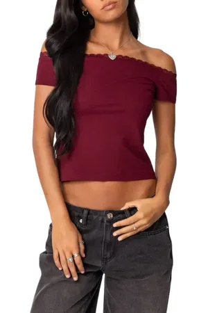 Edikted XOE Lace Trim Off the Shoulder Crop Top in at Nordstrom, Size X-Small