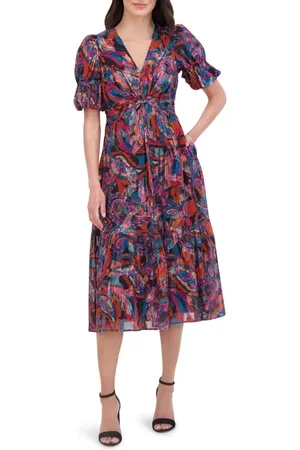 Vince Camuto Metallic Floral Chiffon Midi Dress in at Nordstrom, Size 10