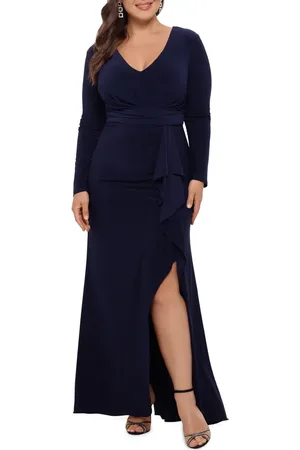 Betsy & Adam Ruffle Side Slit Long Sleeve Gown in at Nordstrom, Size 14W