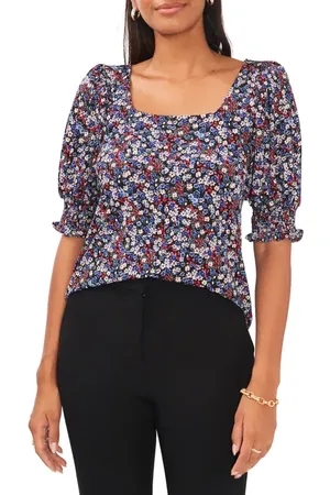 Chaussmoi Floral Square Neck Smocked Sleeve Blouse in at Nordstrom, Size Small