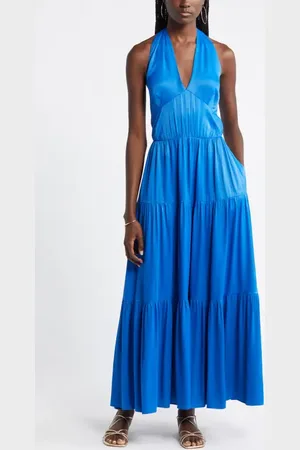 Nordstrom Tiered Satin Halter Maxi Dress in at , Size Large