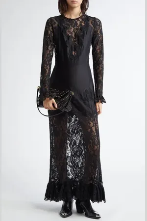 Paco rabanne Floral Lace Long Sleeve Satin Maxi Dress in at Nordstrom, Size 4 Us