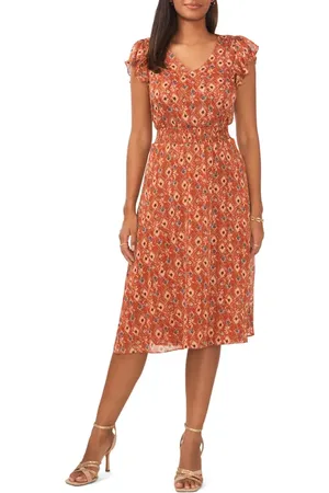 Chaussmoi Tile Print Smock Waist Flutter Sleeve Midi Dress in at Nordstrom, Size Small