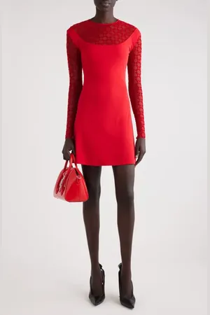 Givenchy Plumetis Long Sleeve Mixed Media Minidress in at Nordstrom, Size 10 Us