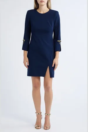 Vince Camuto Brooch Detail Long Sleeve Crepe Shift Dress in at Nordstrom, Size 12