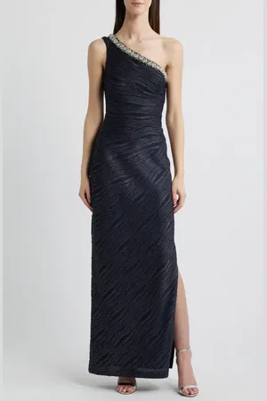 Vince Camuto Rhinestone & Foiled Wave Stripe One-Shoulder Sheath Gown in at Nordstrom, Size 4