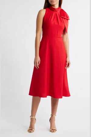 Eliza J Bow Mock Neck Fit & Flare Midi Dress in at Nordstrom, Size 0