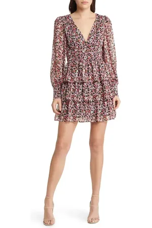Charles Henry Floral Tiered Long Sleeve Minidress in at Nordstrom, Size X-Small