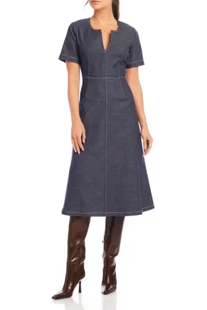 Fifteen Twenty Olivia Contrast Stitch Denim Midi Dress in at Nordstrom, Size Small