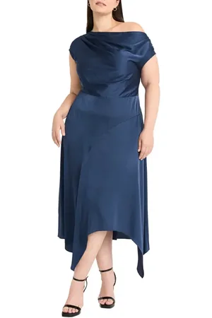 MAGGY One-Shoulder Handkerchief Hem Satin Maxi Dress in at Nordstrom, Size 18W