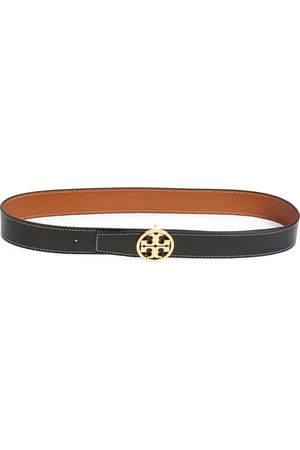 Tory Burch 1.5-Inch Miller Smooth Leather Reversible Logo Belt in Black /Malt Whiskey at Nordstrom, Size X-Small