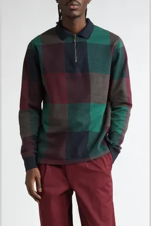 Noah NYC Buffalo Check Herringbone Long Sleeve Zip Polo in at Nordstrom, Size Small