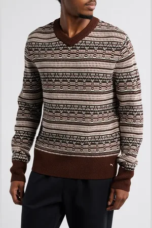 PUMA X The Brooklyn Circus Stripe Wool Blend V-Neck Sweater in Black at Nordstrom, Size X-Large