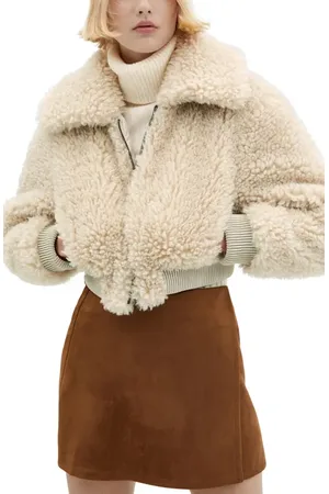 MANGO Faux Shearling Crop Aviator Jacket in at Nordstrom, Size Large