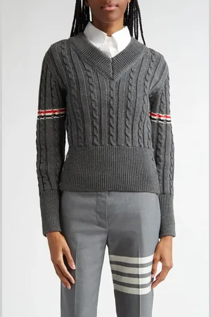 Thom Browne Cable Knit Virgin Wool V-Neck Sweater in at Nordstrom, Size 2 Us