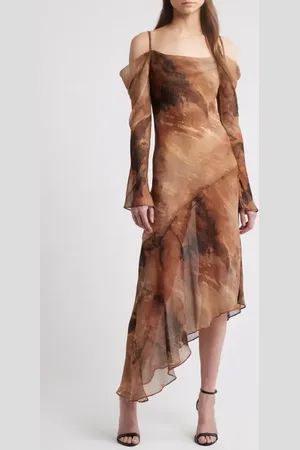 MANGO Cloud Cold Shoulder Asymmetric Maxi Dress in at Nordstrom, Size Large