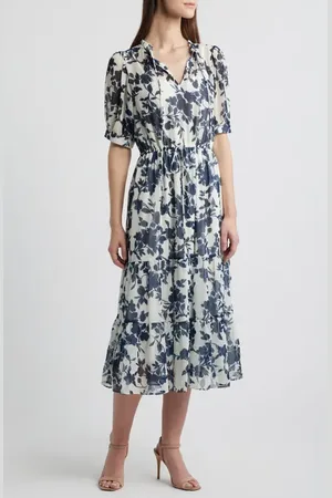 Julia Jordan Floral Split Neck Tiered Midi Dress in at Nordstrom, Size X-Small