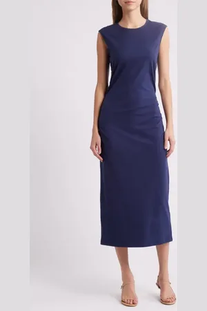 Charles Henry Ruched Sleeveless Stretch Cotton Midi Dress in at Nordstrom, Size X-Small