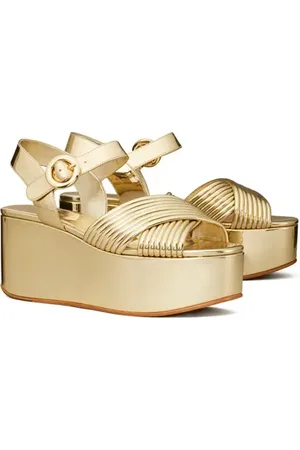 Tory Burch Bomb?? Ankle Strap Platform Wedge Sandal in Spark Gold /Spark Gold at Nordstrom, Size 5