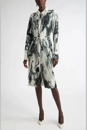 Jason Wu Brushstroke Print Long Sleeve Pleated Georgette Shirtdress in at Nordstrom, Size X-Large