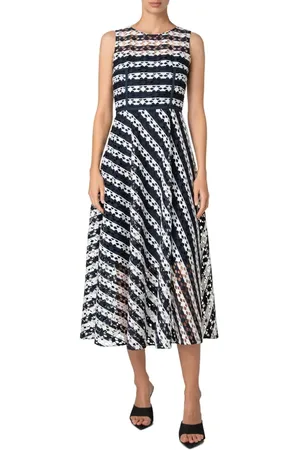 AKRIS Stripe Dot Guipure Lace A-Line Midi Dress in at Nordstrom, Size 10