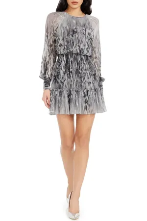 Dress The Population Aulden Metallic Print Abstract Print Long Sleeve Cocktail Minidress in at Nordstrom, Size Medium