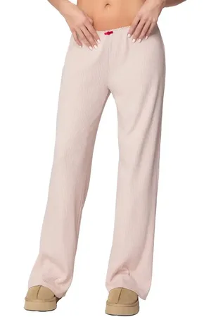 Edikted Roselle Lace Trim Rib Wide Leg Pants in at Nordstrom, Size X-Large