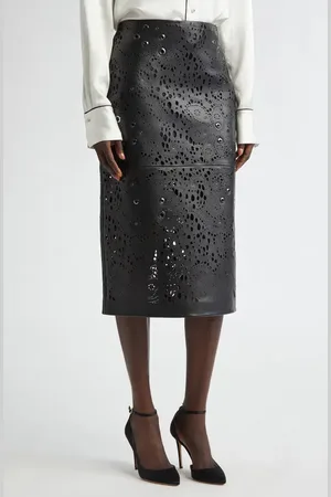 ST. JOHN Grommet Embellished Laser Cut Leather Pencil Skirt in at Nordstrom, Size 6