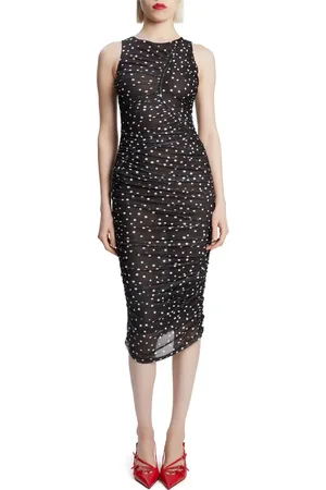Bardot Felicia Polka Dot Ruched Mesh Midi Dress in at Nordstrom, Size 12
