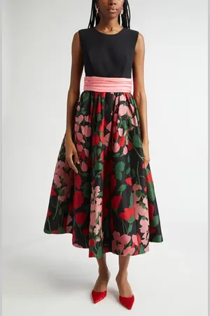 Carolina Herrera Floral Print Cummerbund Waist Silk Faille Midi Dress in at Nordstrom, Size 16