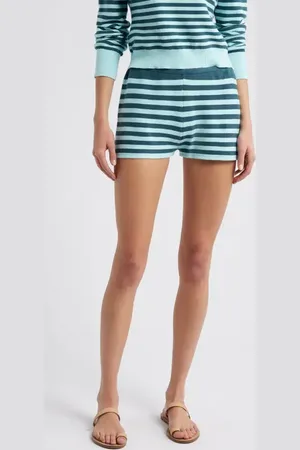 Solid The Celeste Stripe Cotton Knit Shorts in Evergreen /Sky Stripe at Nordstrom, Size Medium