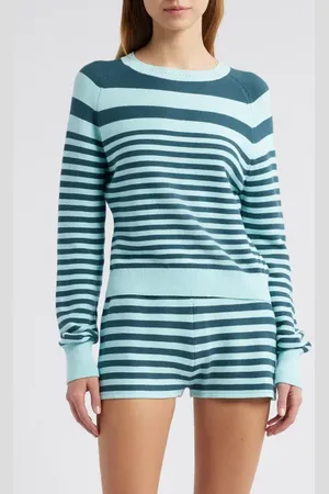 Solid The Manny Stripe Cotton Sweater in Evergreen /Sky Stripe at Nordstrom, Size Medium