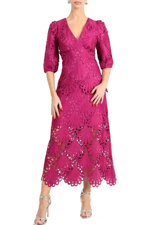 Adelyn Rae Kinsley Puff Sleeve Lace Midi Dress in at Nordstrom, Size X-Small