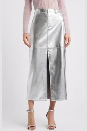Open Edit Metallic Faux Leather Midi Skirt in at Nordstrom, Size 0