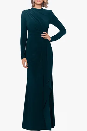 Betsy & Adam Side Ruffle Long Sleeve Gown in at Nordstrom, Size 10P