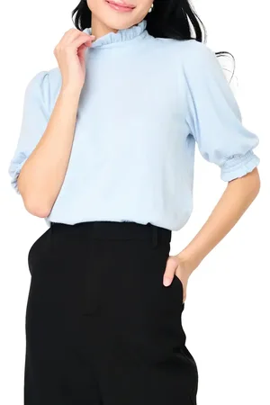 GIBSONLOOK Ruffle Mock Neck Puff Sleeve Sweater in at Nordstrom, Size Xx-Small