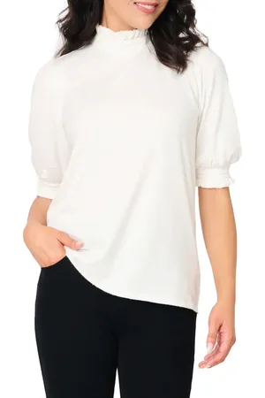 GIBSONLOOK Ruffle Mock Neck Puff Sleeve Sweater in at Nordstrom, Size X-Large