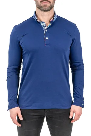 Maceoo Newton Solid Crypt Print Accent Long Sleeve Cotton Polo in at Nordstrom, Size 7