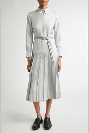 Thom Browne Long Sleeve Pleated Silk Midi Shirtdress in at Nordstrom, Size 2 Us