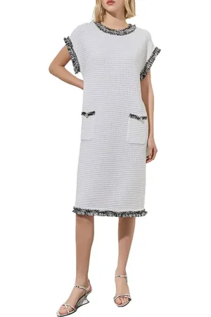 Ming Wang Modern Fit Fringe Trim Tweed Dress in at Nordstrom, Size Medium