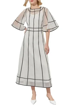 Ming Wang Modern Fit Organza Contrast Stripe A-Line Midi Dress in at Nordstrom, Size Small