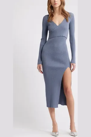 Open Edit Luxe Long Sleeve Sculpt Rib Faux-Wrap Dress in at Nordstrom, Size Xx-Small
