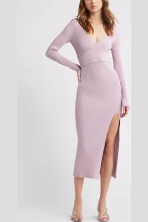 Open Edit Luxe Long Sleeve Sculpt Rib Faux-Wrap Dress in at Nordstrom, Size X-Small