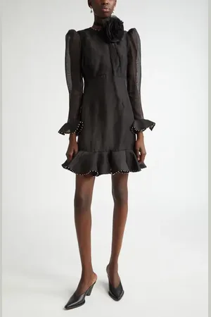 ZIMMERMANN Crush Flower Long Sleeve Linen & Silk Dress in at Nordstrom, Size 2