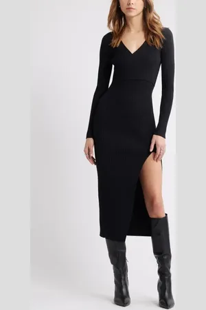 Open Edit Luxe Long Sleeve Sculpt Rib Faux-Wrap Dress in at Nordstrom, Size Xx-Large