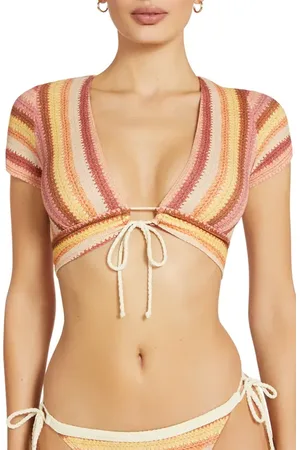 Robin Piccone Lyra Stripe Cap Sleeve Bikini Top in at Nordstrom, Size Medium